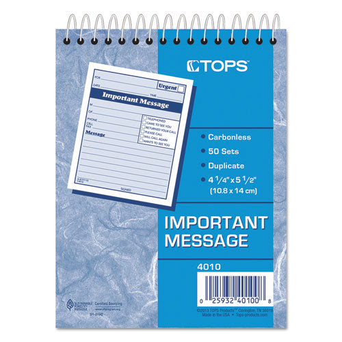Image of TOPS Telephone Message Book with Fax/Mobile Section, Two-Part Carbonless, 4.25 x 5.5, 50 Forms Total