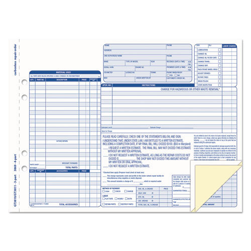 Image of TOPS Auto Repair Four-Part Order Form, Four-Part Carbonless, 11 x 8.5, 50 Forms Total