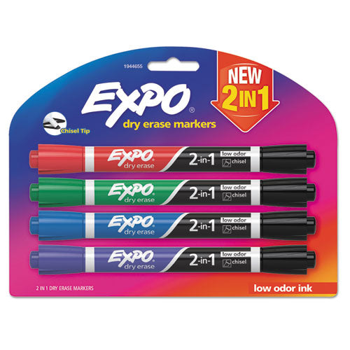 Image of EXPO® 2-In-1 Dry Erase Markers, Fine/broad Chisel Tips, Assorted Primary Colors, 4/pack
