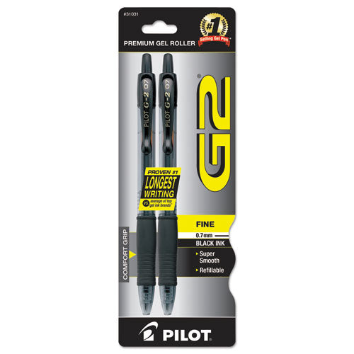 Image of Pilot® G2 Premium Gel Pen, Retractable, Fine 0.7 mm, Black Ink, Smoke/Black Barrel, 2/Pack