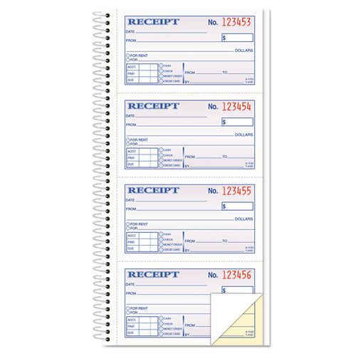 Image of TOPS Spiralbound Money and Rent Receipt Book, Two-Part Carbonless, 4.75 x 2.75, 4 Forms/Sheet, 200 Forms Total