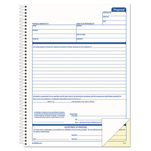 Image of TOPS Spiralbound Proposal Form Book, Two-Part Carbonless, 11 x 8.5, 50 Forms Total