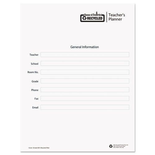 Image of House of Doolittle Recycled Teacher's Planner, Weekly, Two-Page Spread (seven Classes), 11 X 8.5, Blue Cover