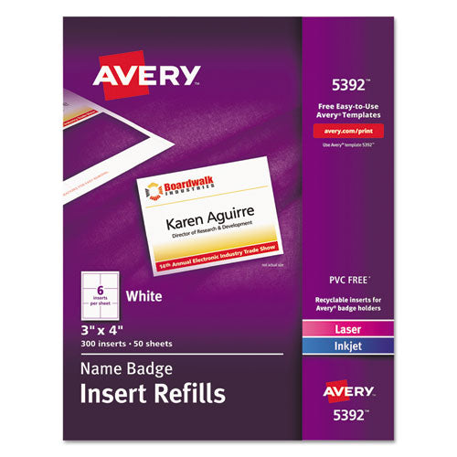Image of Avery® Name Badge Insert Refills, Horizontal/vertical, 3 X 4, White, 300/box