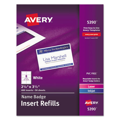 Image of Avery® Name Badge Insert Refills, Horizontal/vertical, 2 1/4 X 3 1/2, White, 400/box