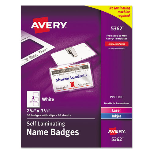 Image of Avery® Self-Laminating Laser/Inkjet Printer Badges, 2.25 x 3.5, White, 30/Box