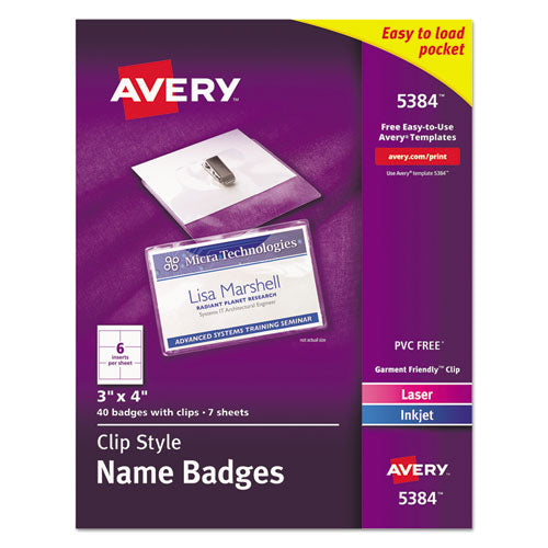 Image of Avery® Clip-Style Name Badge Holder With Laser/inkjet Insert, Top Load, 4 X 3, White, 40/box
