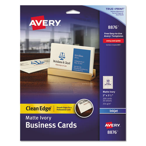 Image of Avery® True Print Clean Edge Business Cards, Inkjet, 2 X 3.5, Ivory, 200 Cards, 10 Cards Sheet, 20 Sheets/pack