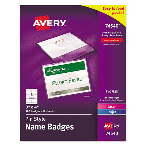 Image of Avery® Pin-Style Badge Holder With Laser/inkjet Insert, Top Load, 4 X 3, White, 100/box
