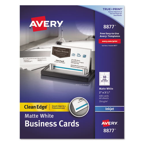 Image of Avery® True Print Clean Edge Business Cards, Inkjet, 2 X 3.5, White, 400 Cards, 10 Cards/sheet, 40 Sheets/box