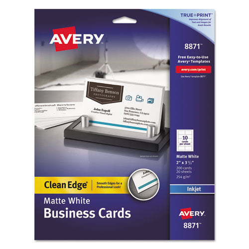 Image of Avery® True Print Clean Edge Business Cards, Inkjet, 2 X 3.5, White, 200 Cards, 10 Cards/sheet, 20 Sheets/pack