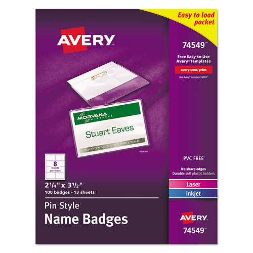 Image of Avery® Pin-Style Badge Holder With Laser/inkjet Insert, Top Load, 3.5 X 2.25, White, 100/box