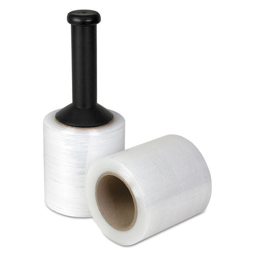 Image of Universal® Unstretched Handwrap Film with Reusable Handle-Style Dispenser, 5" x 1,000 ft, 20 mic (80-Gauge), Clear, 12/Carton