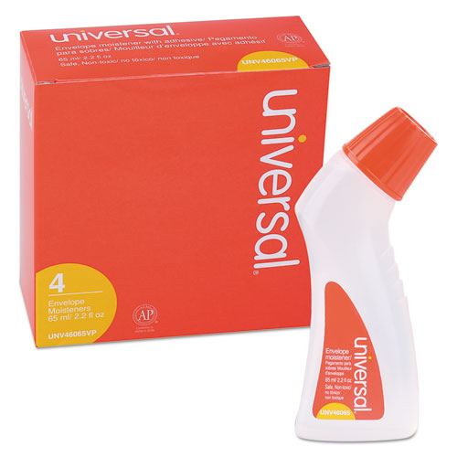 Image of Universal® Envelope Moistener With Adhesive, 2.2 Oz Bottle, Clear, 4/pack