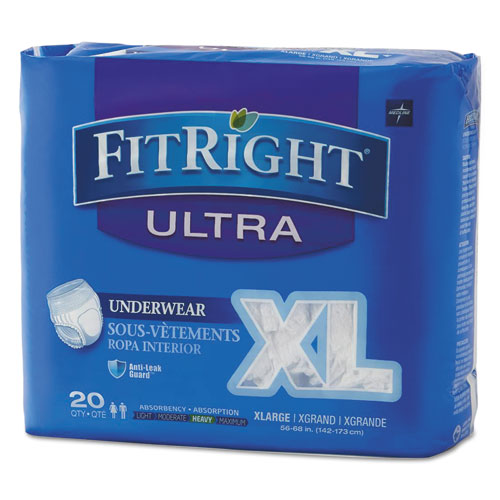 Image of Medline Fitright Ultra Protective Underwear, X-Large, 56" To 68" Waist, 20/pack, 4 Pack/carton