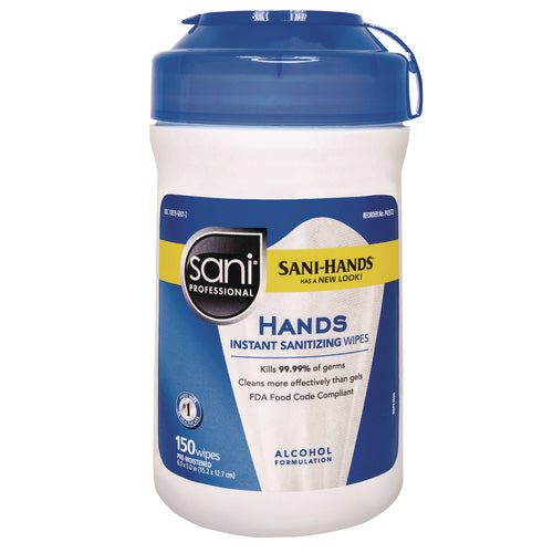 Image of Sani Professional® Hands Instant Sanitizing Wipes, 5 x 6, Unscented, White, 150/Canister