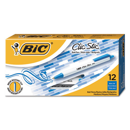 Image of BIC® Clic Stic Ballpoint Pen, Retractable, Medium 1 Mm, Blue Ink, White Barrel, Dozen
