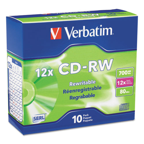 Image of Verbatim® CD-RW High-Speed Rewritable Disc, 700 MB/80 min, 12x, Slim Jewel Case, Silver, 10/Pack