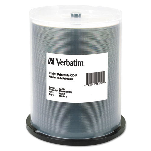 Image of Verbatim® CD-R Printable Recordable Disc, 700 MB, 52x, Spindle, White, 100/Pack