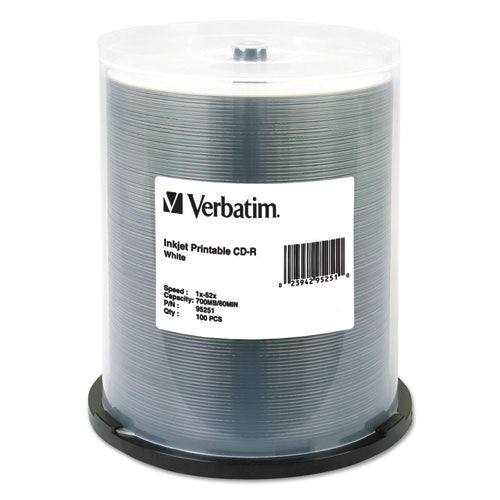 Image of Verbatim® CD-R Printable Recordable Disc, 700 MB/80 min, 52x, Spindle, White, 100/Pack