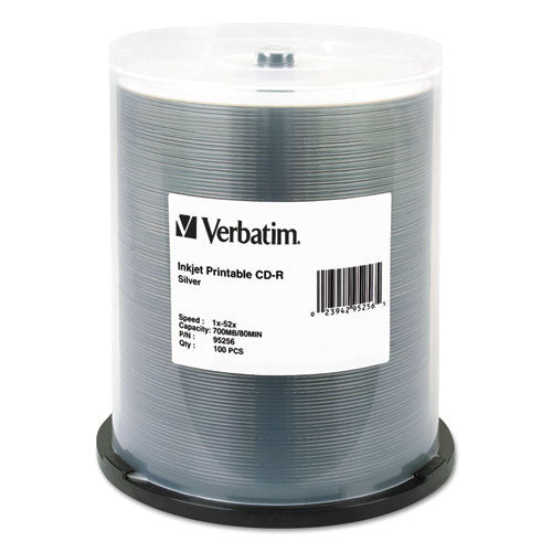 Image of Verbatim® CD-R Printable Recordable Disc, 700 MB/80 min, 52x, Spindle, Silver, 100/Pack