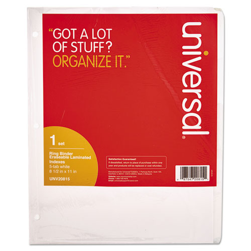 Image of Universal® Deluxe Write-On/Erasable Tab Index, 5-Tab, 11 x 8.5, White, White Tabs, 1 Set