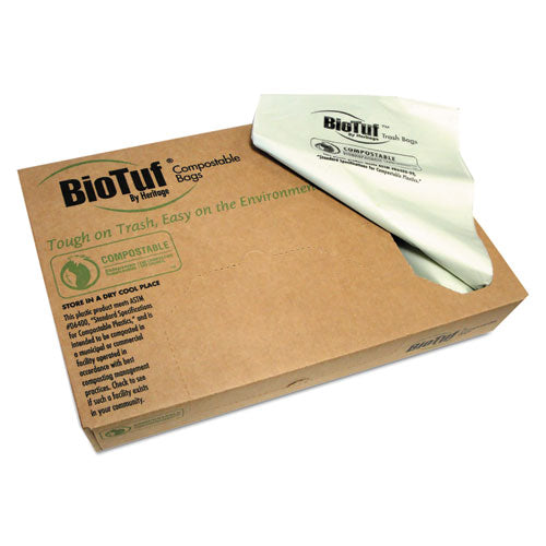 Image of Heritage Biotuf Compostable Can Liners, 64 gal, 0.8 mil, 47" x 60", Green, 25 Bags/Roll, 5 Rolls/Carton