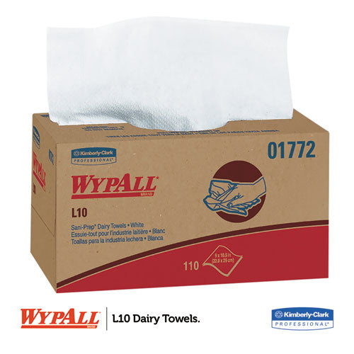 Image of WypAll® L10 SANI-PREP Dairy Towels, POP-UP Box, 1-Ply, 10.25 x 10.5, White, 110/Pack, 18 Packs/Carton