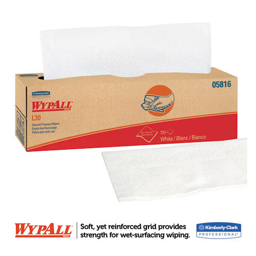 Image of WypAll® L30 Towels, POP-UP Box, 9.8 x 16.4, White, 120/Box, 6 Boxes/Carton