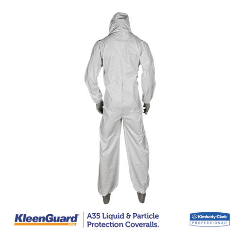 Image of KleenGuard A35 Liquid And Particle Protection Coveralls, Zipper Front, Hooded, Elastic Wrists And Ankles, X-Large, White, 25/carton