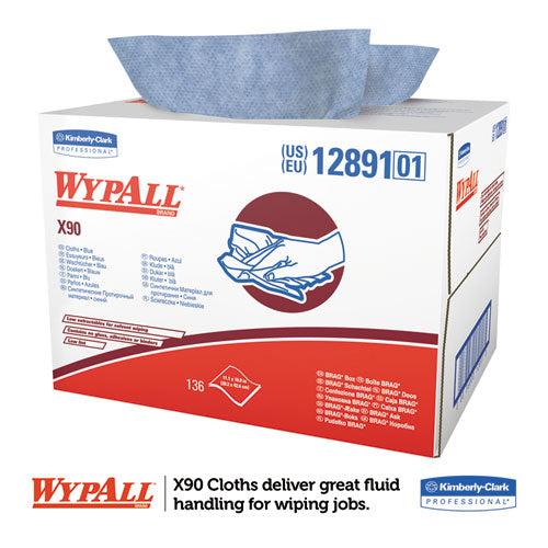 Image of WypAll® X90 Cloths, BRAG Box, 2-Ply, 11.1 x 16.8, Denim Blue, 136/Carton