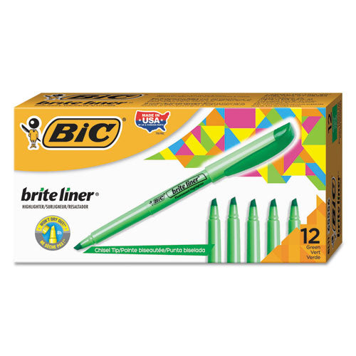 Image of BIC® Brite Liner Highlighter, Fluorescent Green Ink, Chisel Tip, Green/black Barrel, Dozen