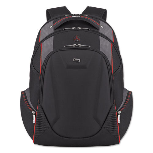 Image of Solo Launch Laptop Backpack, Fits Devices Up to 17.3", Polyester, 12.5 x 8 x 19.5, Black/Gray/Red