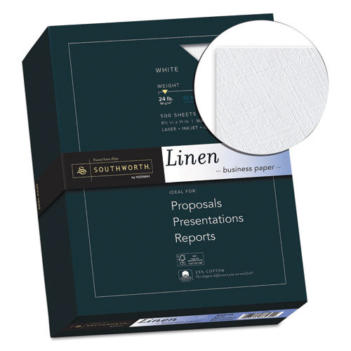 Image of Southworth® 25% Cotton Linen Business Paper, 91 Bright, 24 lb Bond Weight, 8.5 x 11, White, 500/Ream
