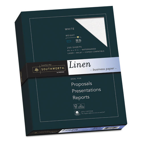 Image of Southworth® 25% Cotton Linen Business Paper, 32 lb Bond Weight, 8.5 x 11, White, 250/Pack