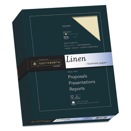 Image of Southworth® 25% Cotton Linen Business Paper, 24 lb Bond Weight, 8.5 x 11, Ivory, 500/Ream
