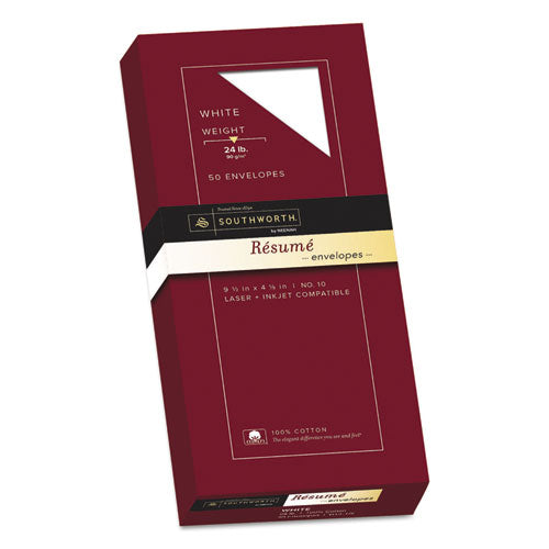 Image of Southworth® 100% Cotton Resume Envelope, #10, Commercial Flap, Gummed Closure, 4.13 X 9.5, White, 50/box