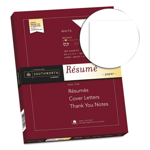 Image of Southworth® 100% Cotton Resume Paper, 95 Bright, 24 lb Bond Weight, 8.5 x 11, White, 100/Pack