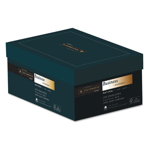 Image of Southworth® 25% Cotton #10 Business Envelope, Commercial Flap, Gummed Closure, 4.13 x 9.5, Natural, 250/Box