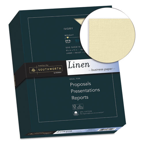 Image of Southworth® 25% Cotton Linen Business Paper, 24 lb Bond Weight, 8.5 x 11, Ivory, 500/Ream