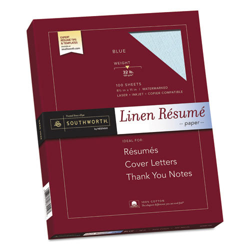 Image of Southworth® 100% Cotton Premium Weight Linen Resume Paper, 32 lb Bond Weight, 8.5 x 11, Blue, 100/Pack