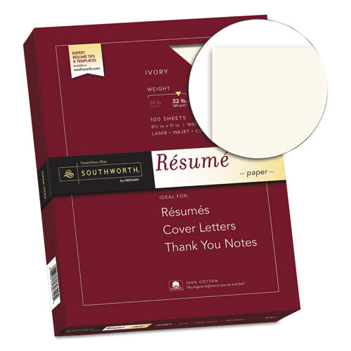 Image of Southworth® 100% Cotton Resume Paper, 32 lb Bond Weight, 8.5 x 11, Ivory, 100/Pack