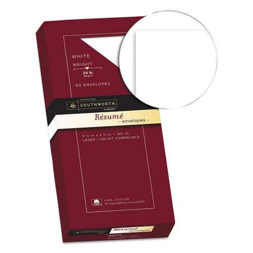 Image of Southworth® 100% Cotton Resume Envelope, #10, Commercial Flap, Gummed Closure, 4.13 X 9.5, White, 50/box