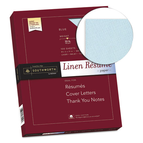 Image of Southworth® 100% Cotton Premium Weight Linen Resume Paper, 32 lb Bond Weight, 8.5 x 11, Blue, 100/Pack