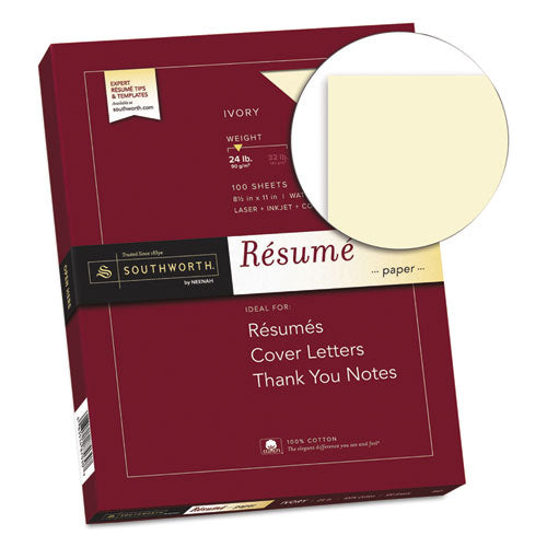 Image of Southworth® 100% Cotton Resume Paper, 24 lb Bond Weight, 8.5 x 11, Ivory, 100/Pack