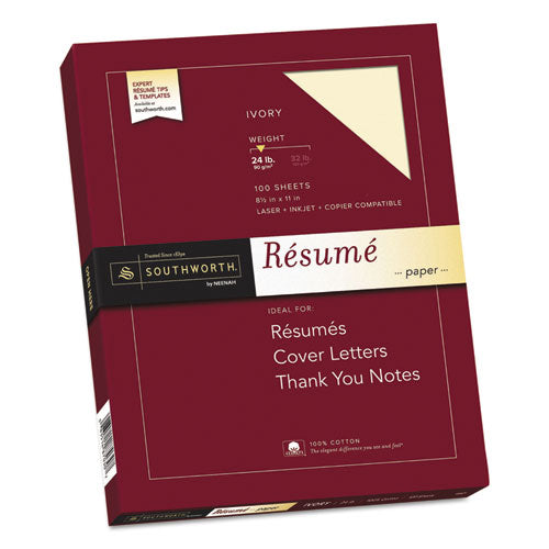 Image of Southworth® 100% Cotton Resume Paper, 24 lb Bond Weight, 8.5 x 11, Ivory, 100/Pack