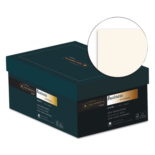Image of Southworth® 25% Cotton #10 Business Envelope, Commercial Flap, Gummed Closure, 4.13 x 9.5, Ivory, 250/Box