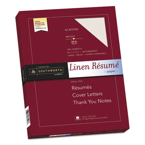 Image of Southworth® 100% Cotton Premium Weight Linen Resume Paper, 32 lb Bond Weight, 8.5 x 11, Almond, 100/Pack