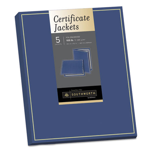 Image of Southworth® Certificate Jacket, Navy/Gold Border, 88-lb Felt Finish Stock, 12 x 9.5, 5/Pack