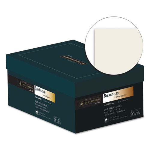 Image of Southworth® 25% Cotton #10 Business Envelope, Commercial Flap, Gummed Closure, 4.13 x 9.5, Natural, 250/Box
